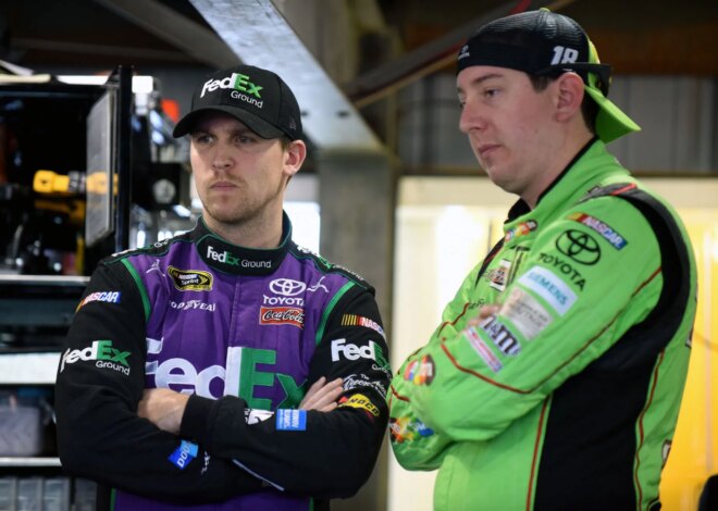 Denny Hamlin fala sobre o esforço por trás de sua homenagem a Kyle Busch depois de empatá-lo na lista de vitórias de todos os tempos em Michigan: “Foi a melhor maneira”